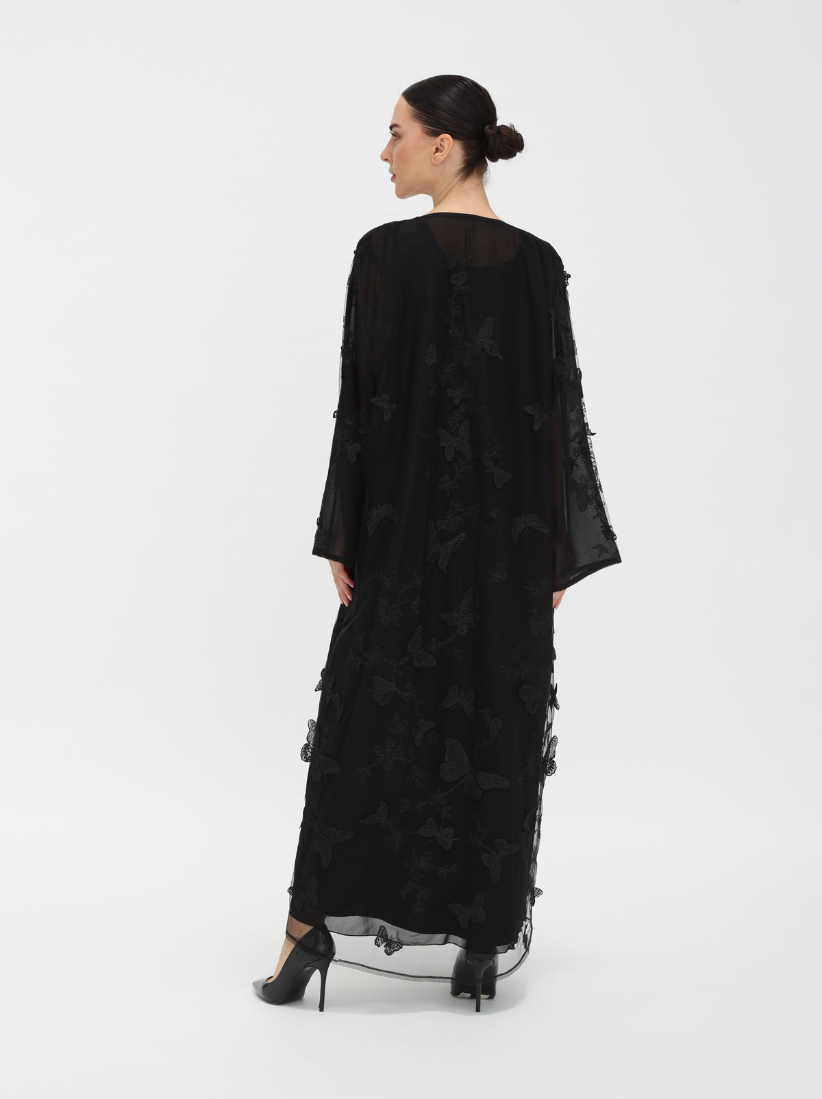 3D Butterfly Abaya with floral patterns back view