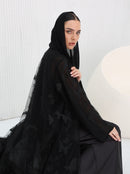 Close-up of hand-finished 3D butterfly embroidery on Abaya