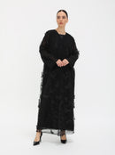 Front view of the 3D Butterfly Abaya with sheer tulle overlay and embroidery