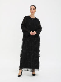 Front view of the 3D Butterfly Abaya with sheer tulle overlay and embroidery