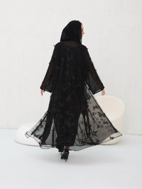 3D Butterfly Abaya styled with matching Sheila in midnight black back view