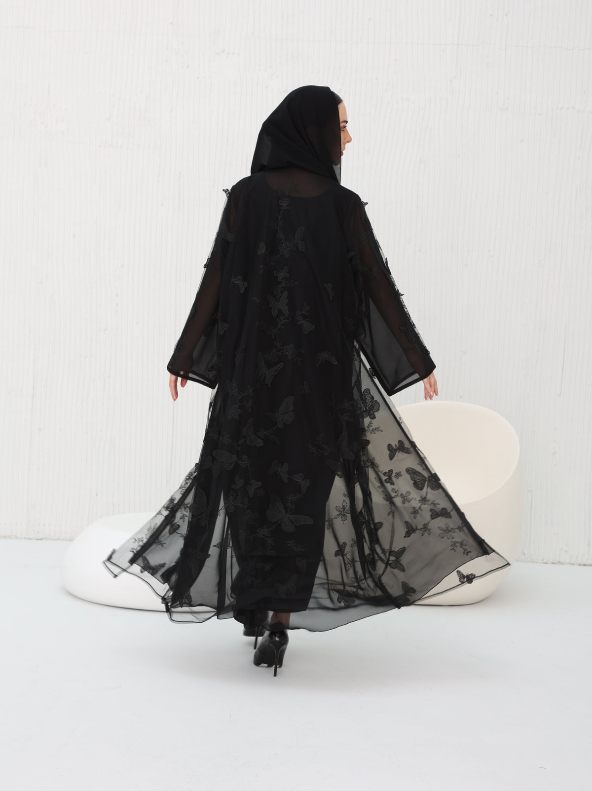 3D Butterfly Abaya styled with matching Sheila in midnight black back view