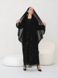 3D Butterfly Abaya styled with matching Sheila in midnight black