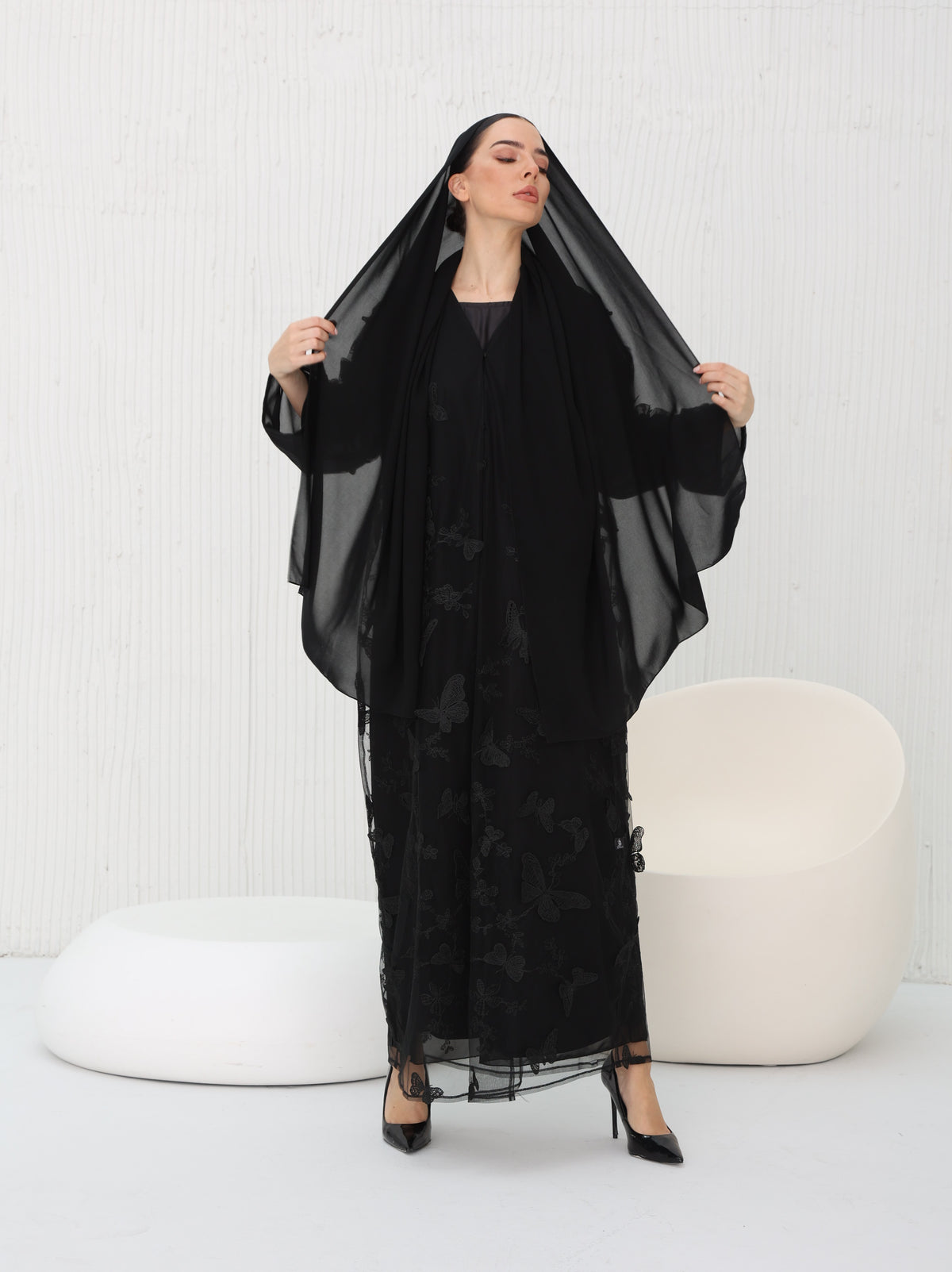 3D Butterfly Abaya styled with matching Sheila in midnight black