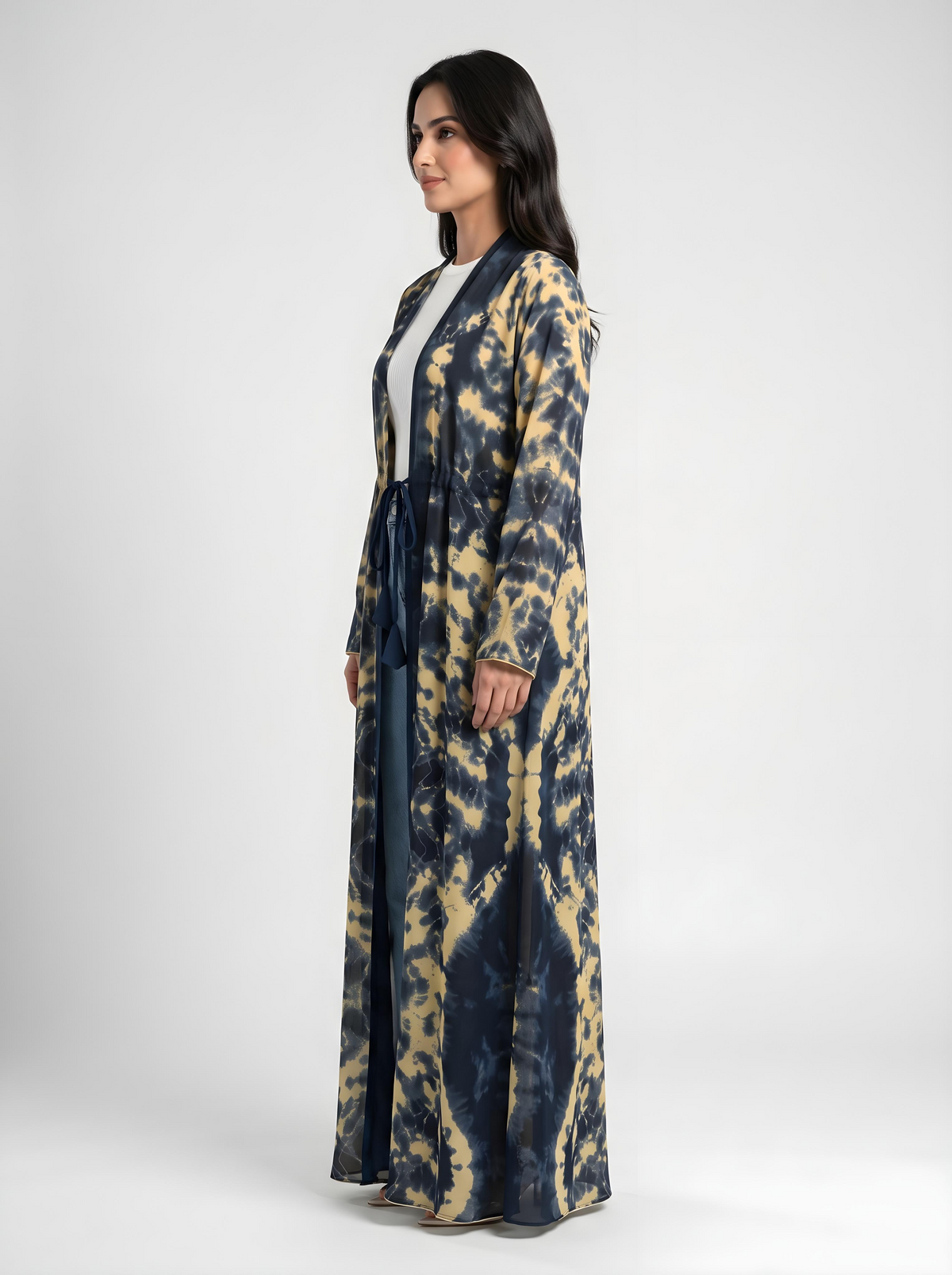 Side view of the Blue Ayla Abaya showing chiffon drape and silhouette