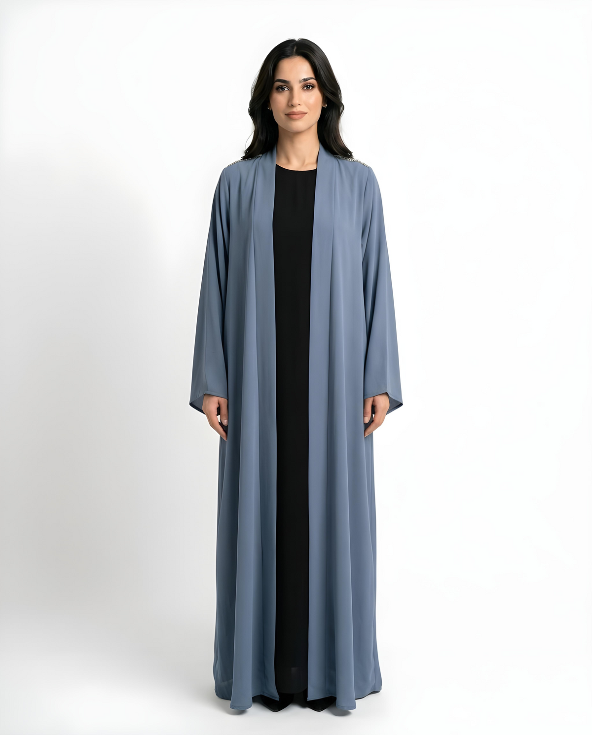 Front view of the Blue Mawjah Abaya with V-neck design in Dujalail fabric