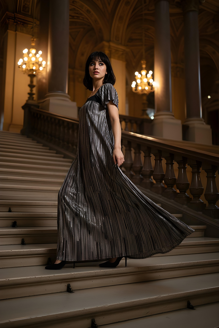Metallic Pleated Maxi Dress