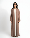 Front view of the Mocha Mawjah Abaya with V-neck design in Dujalail fabric