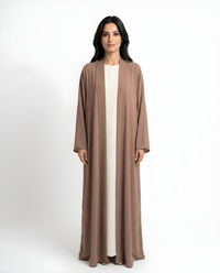 Front view of the Mocha Mawjah Abaya with V-neck design in Dujalail fabric