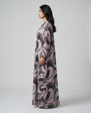 Side view of the Silken Flow Abaya showing chiffon drape and fit